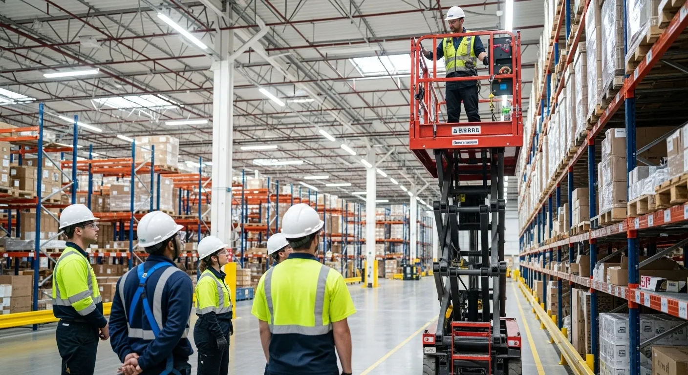 Plataforma de trabalho aéreo tipo tesoura em operação segura